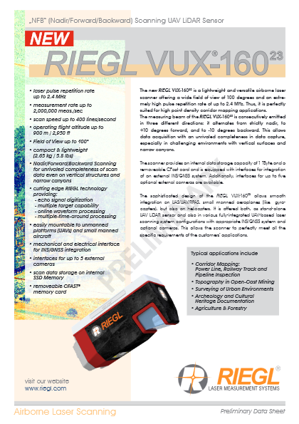 ロングレンジUAV LiDARセンサ RIEGL VUX-160-23　データシート