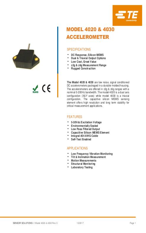 TE Connectivity社製 DC加速度センサ Model.4020/4030