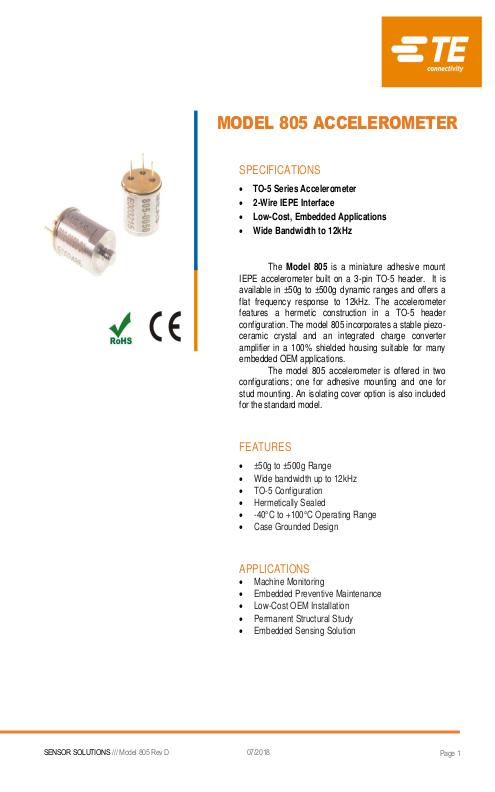 TE Connectivity社製 圧電型(IEPE)加速度センサ Model.805/805M1