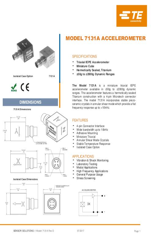 TE Connectivity社製 圧電型(IEPE)加速度センサ Model.7131A