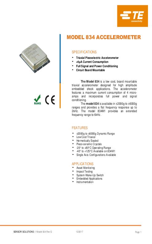 TE Connectivity社製 圧電型(IEPE)加速度センサ Model.834/834M1