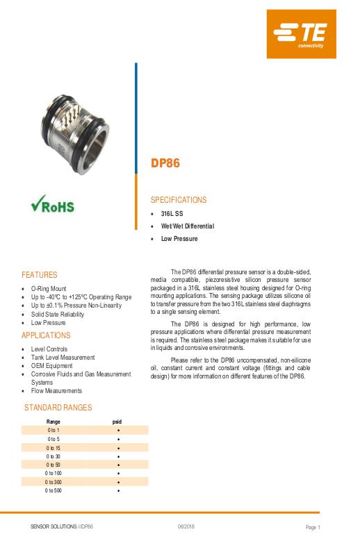 TE Connectivity社製 小型半導体圧力センサ DP86シリーズ