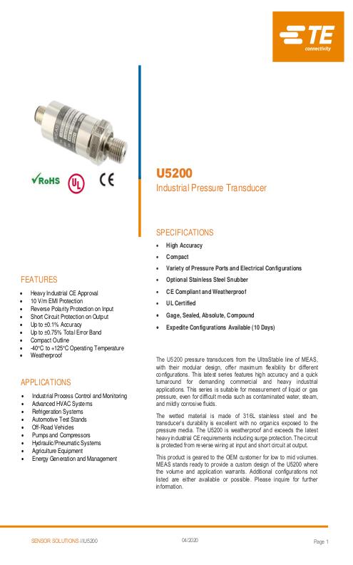 TE Connectivity社製 小型半導体圧力センサ U5200シリーズ