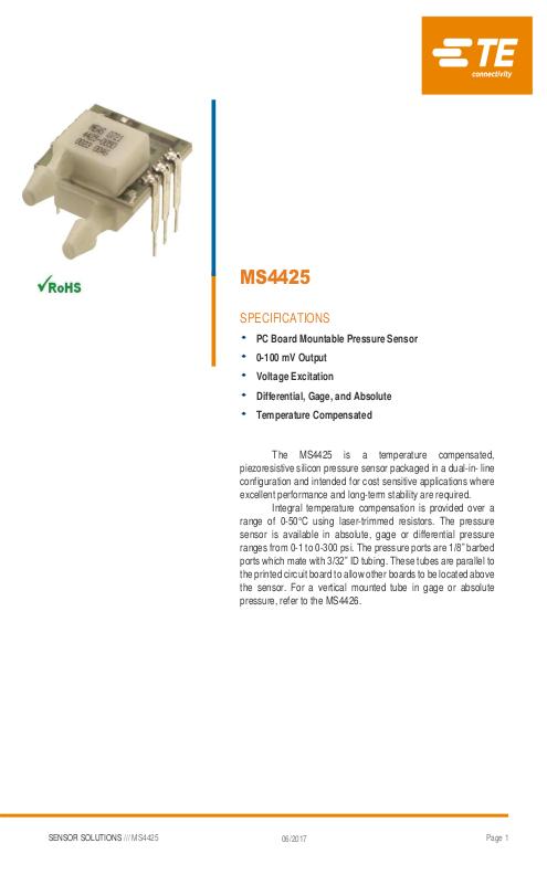 TE Connectivity社製 小型半導体圧力センサ MS4425/4426シリーズ