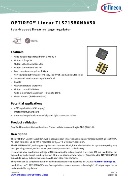 【車載向け】リニア電圧レギュレータ TLS715B0NAV50