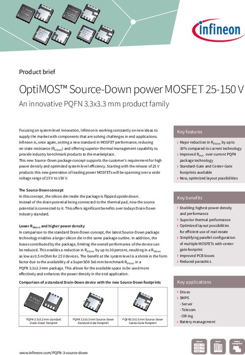 ソースダウン型PQFN 3.3×3.3mmパッケージ OptiMOS パワーMOSFET