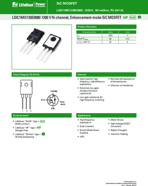 強化型SiC MOSFET、1200V、80mOhm、Nチャンネル LSIC1MO120E0080シリーズ
