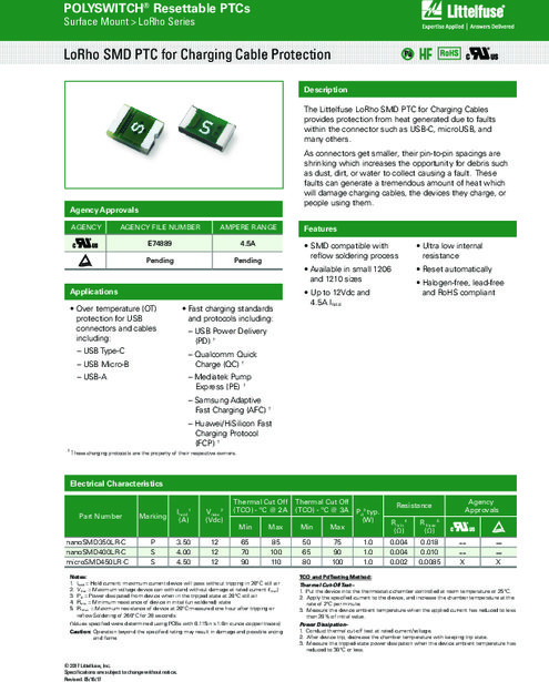 充電ケーブル保護用PolySwitchパッケージ PPTC LoRho SMDシリーズ