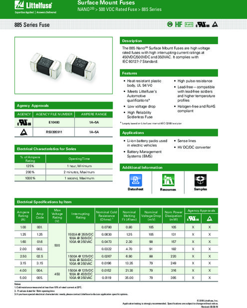 885 シリーズ - Nano2® 高遮断定格 500VDC 表面実装ヒューズ