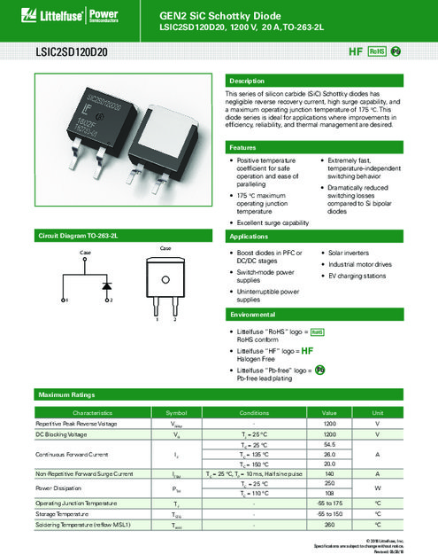 LSIC2SD120D20 シリーズ - GEN2 SiC ショットキーダイオード、1200 V、20 A、TO-263-2L