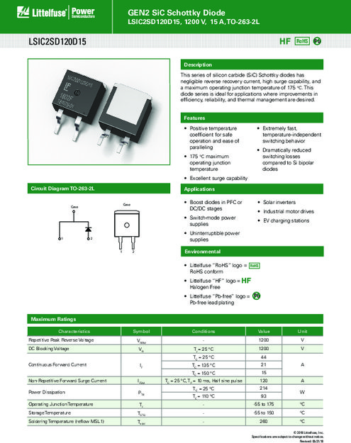 LSIC2SD120D15 シリーズ - GEN2 SiC ショットキーダイオード、1200 V、15 A、TO-263-2L