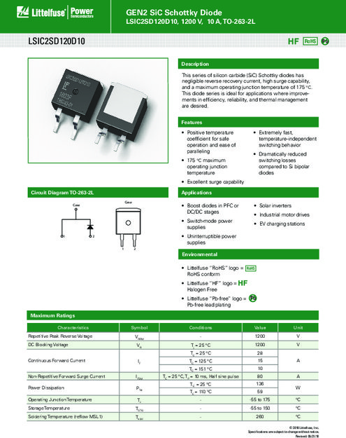 LSIC2SD120D10 シリーズ - GEN2 SiC ショットキーダイオード、1200 V、10 A、TO-263-2L