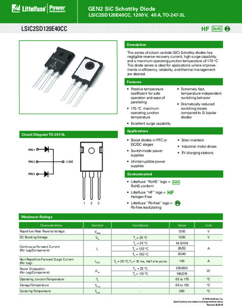 LSIC2SD120E40CC シリーズ - GEN2 SiC ショットキーダイオード、1200 V、40 A、TO-247-3L