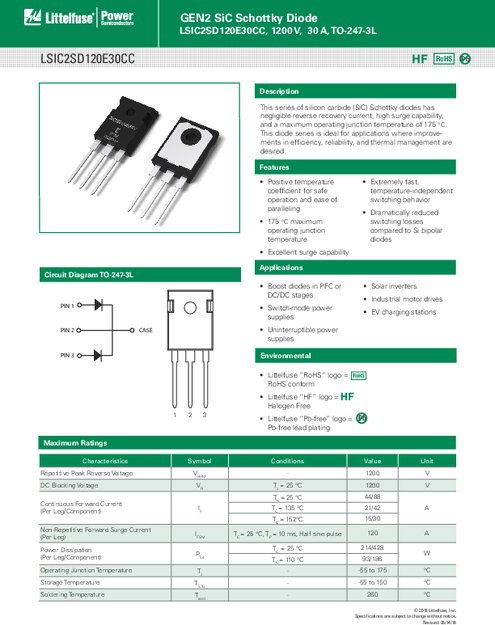 LSIC2SD120E30CC シリーズ - GEN2 SiC ショットキーダイオード、1200 V、30 A、TO-247-3L