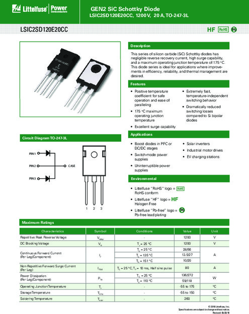 LSIC2SD120E20CC シリーズ - GEN2 SiC ショットキーダイオード、1200 V、20 A、TO-247-3L
