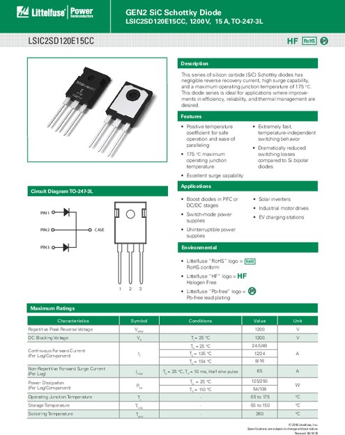 LSIC2SD120E15CC シリーズ - GEN2 SiC ショットキーダイオード、1200 V、15 A、TO-247-3L
