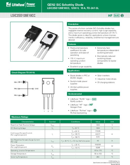 LSIC2SD120E10CC シリーズ - GEN2 SiC ショットキーダイオード、1200 V、10 A、TO-247-3L