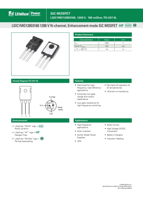 LSIC1MO120E0160シリーズ 強化型SiC MOSFET、1200V、160mOhm、Nチャンネル