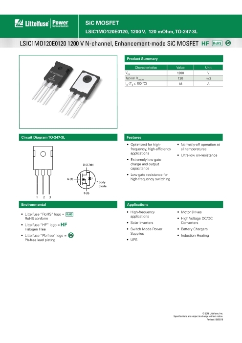 LSIC1MO120E0120シリーズ 強化型SiC MOSFET、1200V、120mOhm、Nチャンネル