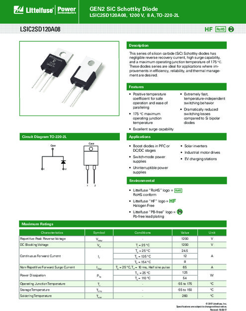 LSIC2SD120A08シリーズ GEN2 SiCショットキーダイオード、1200V、8A、TO-220-2L