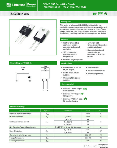 LSIC2SD120A15シリーズ GEN2 SiCショットキーダイオード、1200V、15A、TO-220-2L