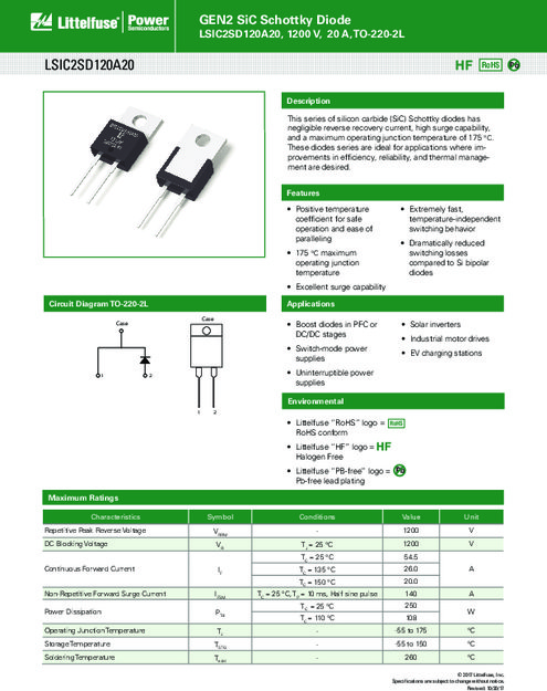 LSIC2SD120A20シリーズ GEN2 SiCショットキーダイオード、1200V、20A、TO-220-2L