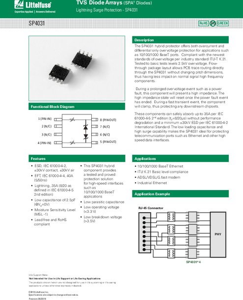 SP4031 シリーズ - 10/100/1000 BaseT Ethernet 向けハイブリッド保護モジュール