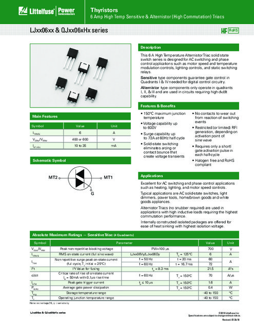 LJxx06xx/QJxx06xHx シリーズ - 6 Amp 高温センシティブ & オルタニスタ（高整流）トライアック
