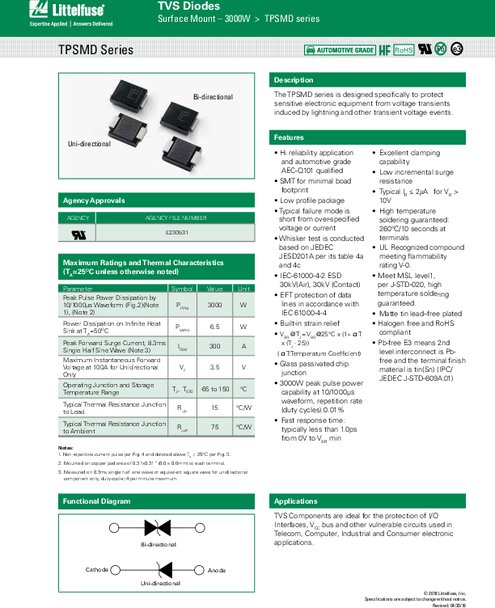 TPSMD シリーズ - 表面実装、3000W TVS ダイオード -AEC-Q101 適合