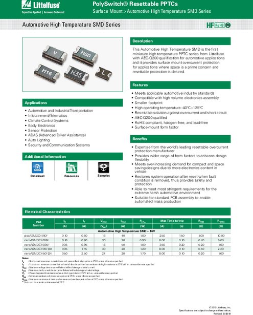 自動車用高温鉛フリー表面実装復帰型PPTC Automotive High Temperature SMDシリーズ