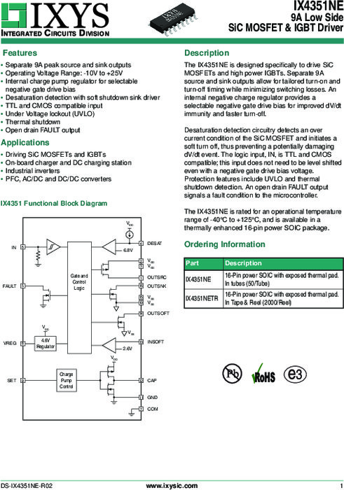 SiC MOSFET／IGBT対応ドライバ IX4351NE