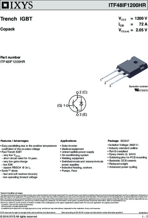 650V 1200V XPT(エクストリームライト パンチスルー)IGBT Trenchシリーズ ITF48IF1200HR