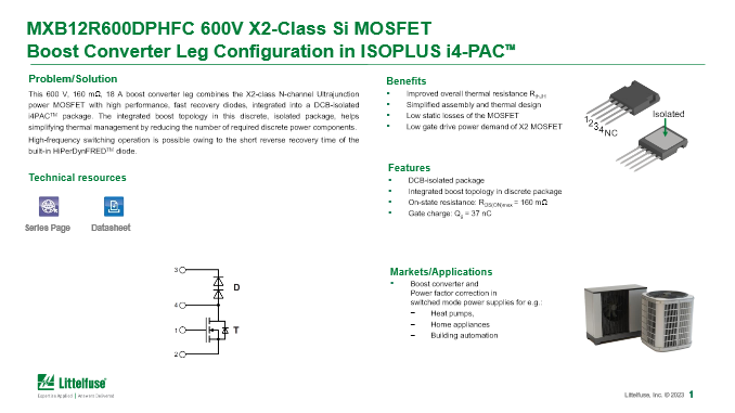 600V パワーMOSFET Co-Pack FRED Diode付き X2-Class Boost Topologyシリーズ　サマリー