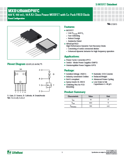 600V パワーMOSFET Co-Pack FRED Diode付き X2-Class Boost Topologyシリーズ