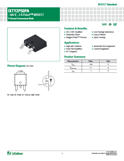 車載用グレードPolarP PチャンネルパワーMOSFET IXTY2P50PA