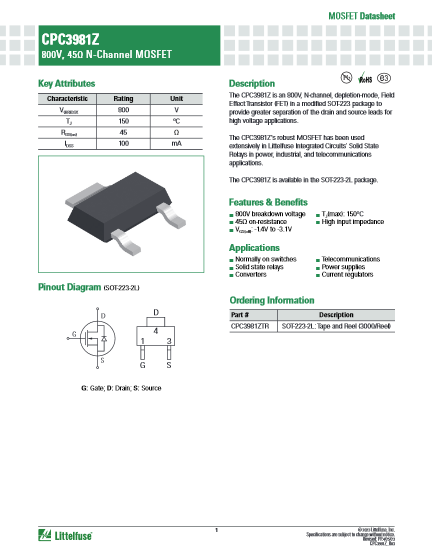 デプレッションモード MOSFET CPC3981Z