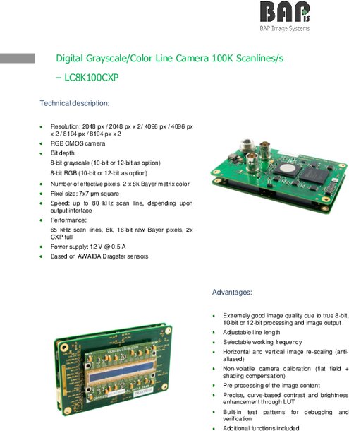 Digital Grayscale/Color Line Camera 100K Scanlines/s LC8K100CXP