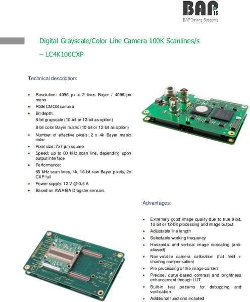 Digital Grayscale/Color Line Camera 100K Scanlines/s LC4K100CXP