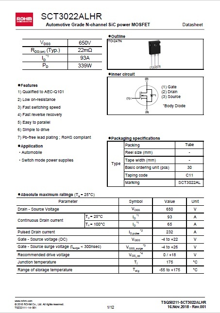 Nch SiCパワーMOSFET SCT3022KLHR