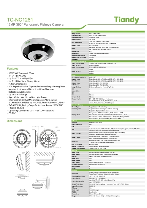 Tiandy社製 12MP 360°H.265対応パノラマビューIPカメラTC-NC1261