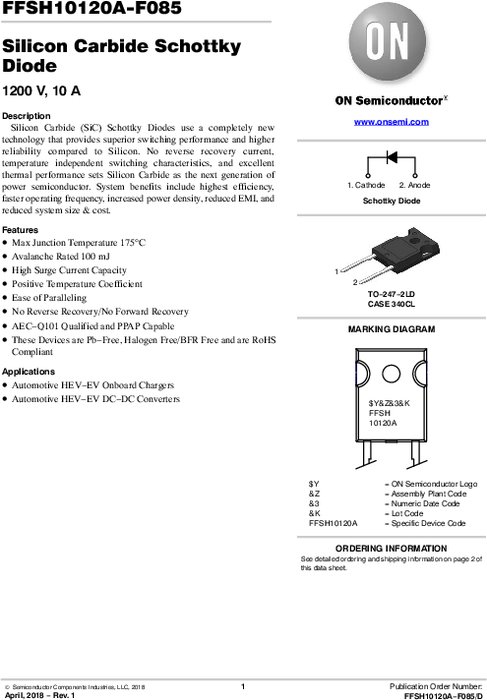 自動車用途用SiCダイオード FFSH10120A-F085