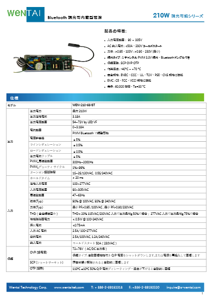 210W Bluetooth調光 AC-DC LEDドライバ WEN-210-66-BT