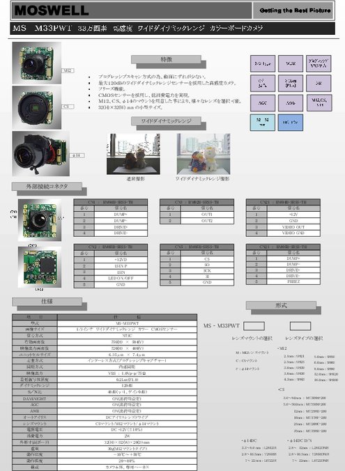 1／3インチ・33万画素カラーボードカメラ MS-M33PWT