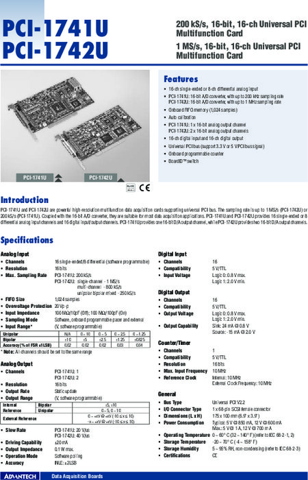 200ks S 16ビットpciマルチ機能カード Pci 1741u カタログ 資料 アドバンテック 株 製品ナビ