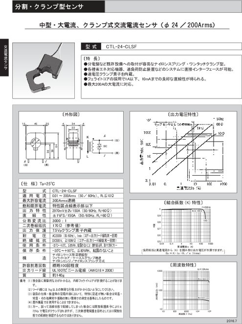 中型・大電流、クランプ式交流電流センサ（φ24／200Arms） CTL-24-CLSF