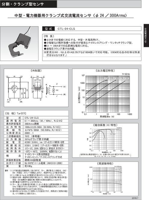 中型・電力機器用クランプ式交流電流センサ（φ24／300Arms） CTL-24-CLS