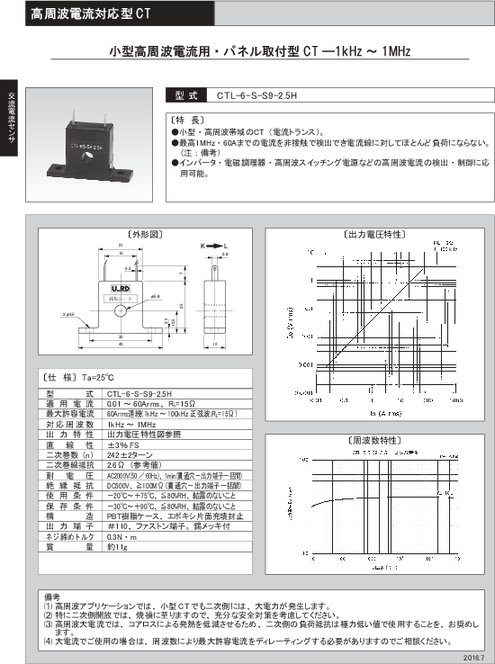 小型高周波電流用・パネル取付型CT CTL-6-S-S9-2.5H