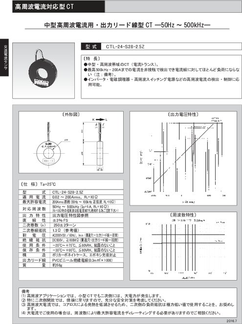 中型高周波電流用・出力リード線型CT CTL-24-S28-2.5Z