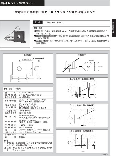 大電流用の無飽和・空芯トロイダルコイル型交流電流センサ CTL-30-S220-4L