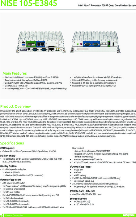 NISE105-E3845（データシート）産業用ファンレスコンピュータ